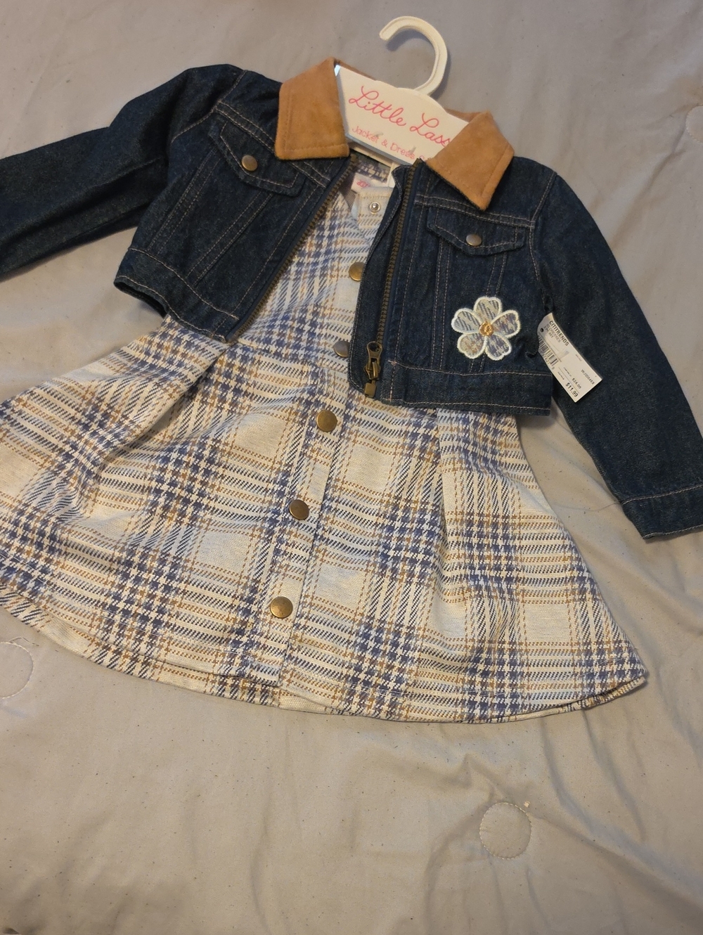 Little Lass Blue Denim Jacket with Tan Collar and Plaid Dress